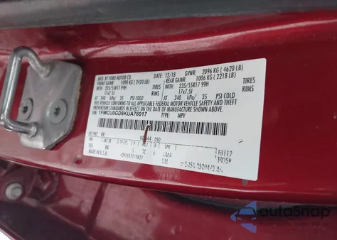 2019 Ford Escape Se z USA, uszkodzony, nr VIN 1FMCU0GD8KUA76017